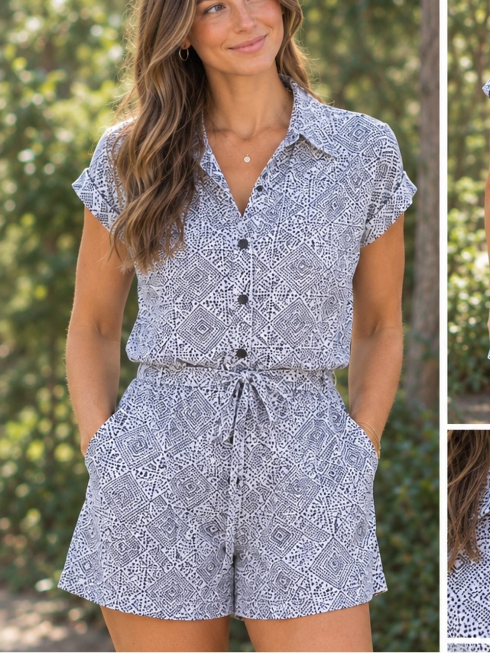 Monochromatic Black & White Short Jumpsuit with Tie Waist and Pockets!